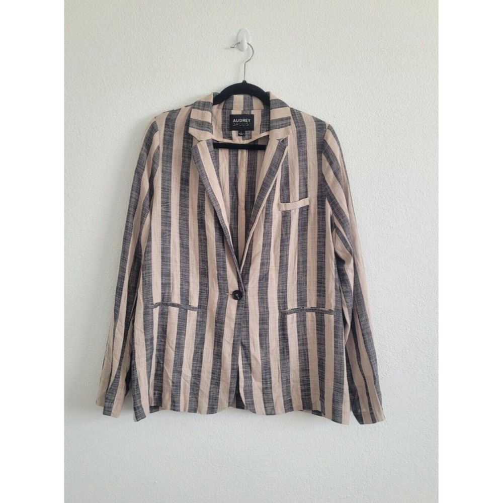 Audrey 3+1 Linen Blend Blazer Jacket Vertical Thick Stripe Size L Preppy Beige